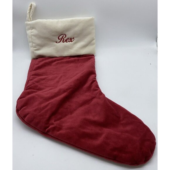Pottery Barn Rex Velvet Christmas Stocking Red Cream Monogrammed 19 inch - Picture 1 of 10
